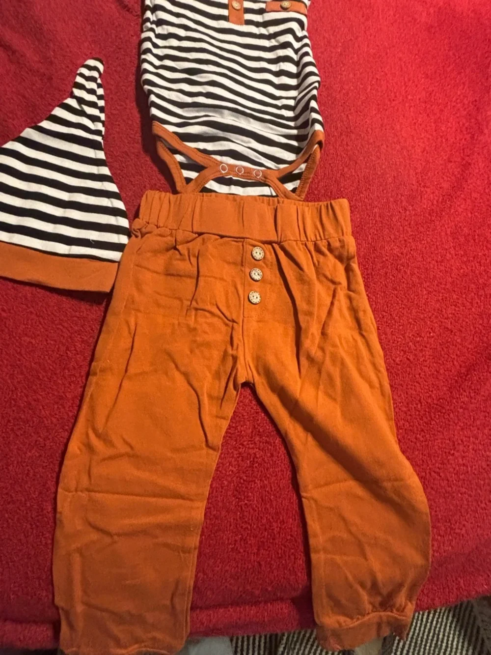 Striped Black & White Bodysuit with Orange Pants and Hat - Kids Size 12-18 month